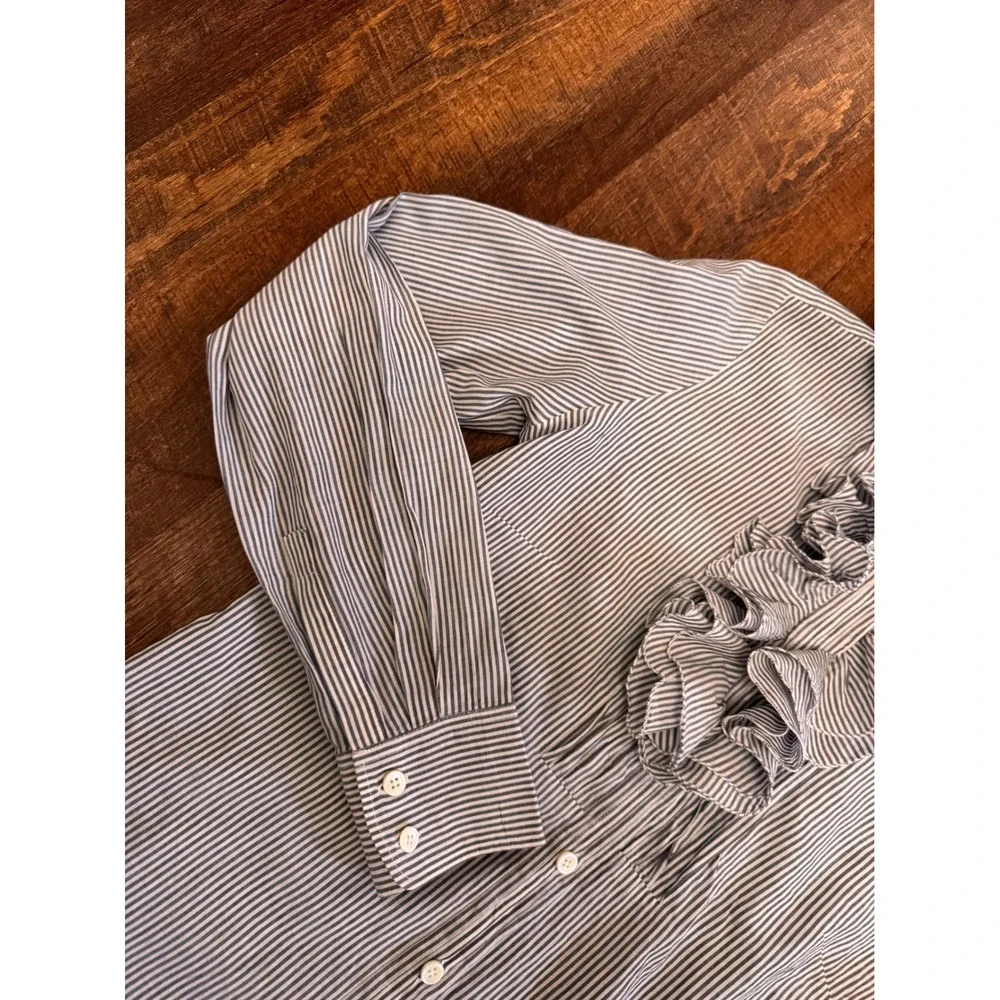 J.Crew Size 4 Blue White Pinstripe Ruffle Front Cotton Button Down Blouse